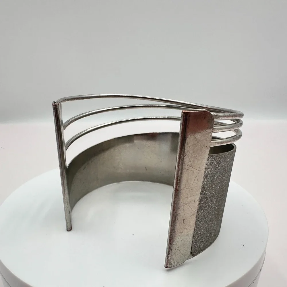 Vintage 90s Silver Tone Textured Glitter Wide Cuff Bracelet Statement